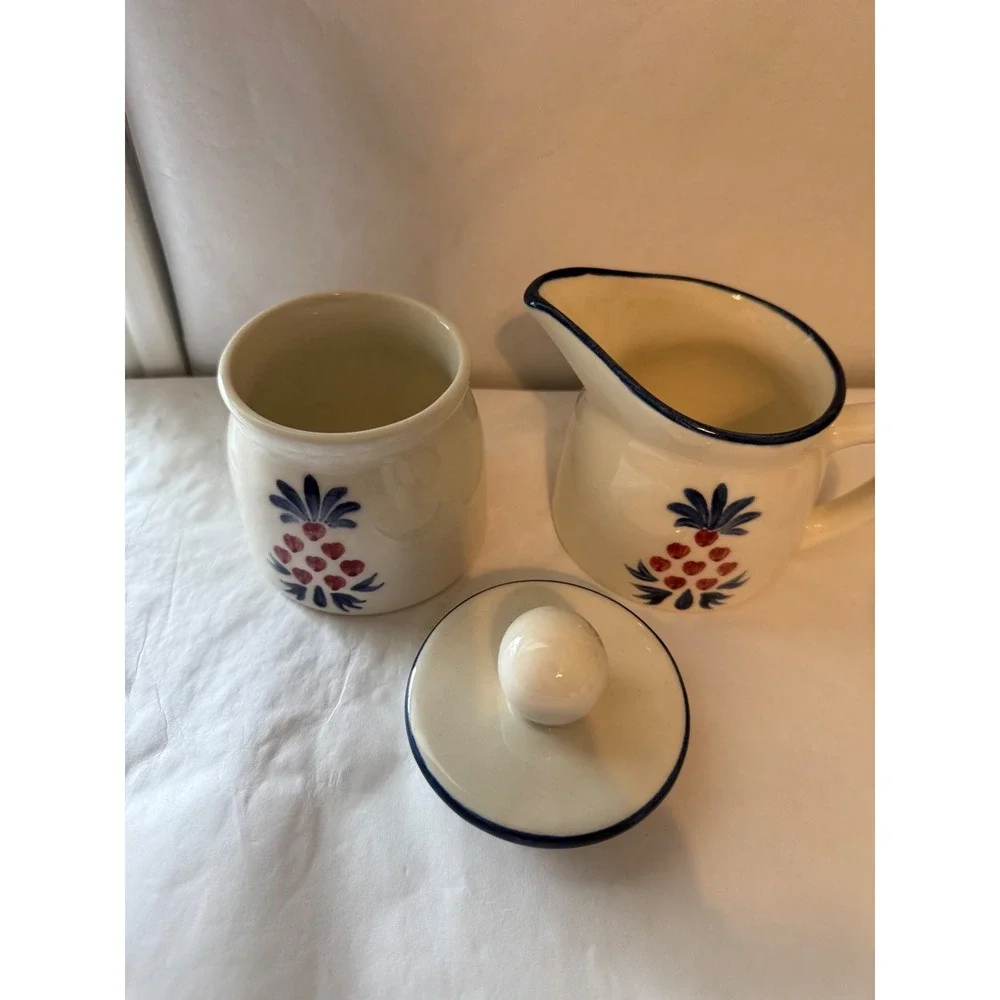 NS Gustin Co Pineapple Creamer Sugar Set with 3 Mugs Hand‎ Decorated Made in USA